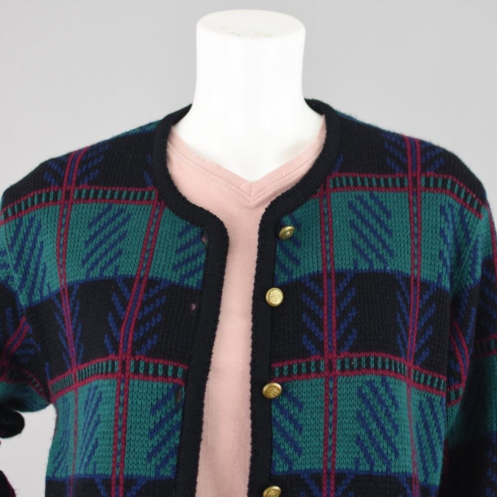 Tally-Ho Vintage 80s Plaid Cardigan, Black & Green, Women's Medium - Picture 2 of 10